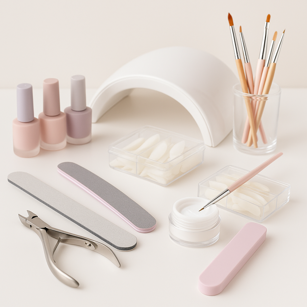 Kit básico de Nail Designer com lixas, esmaltes, pincéis, cabine LED e outros materiais sobre uma superfície branca.