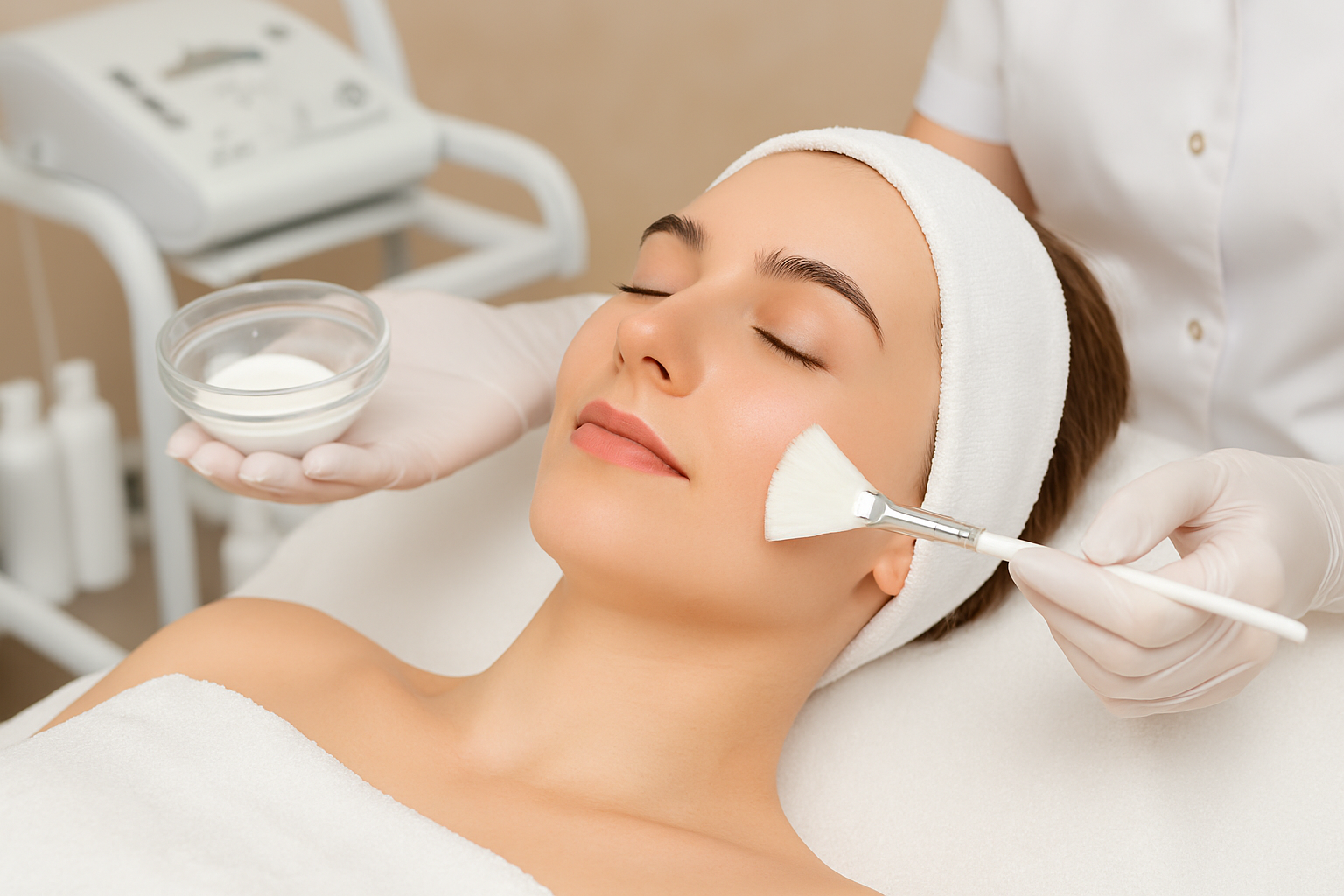 Mulher recebendo tratamento facial relaxante com pincel em ambiente estético calmo