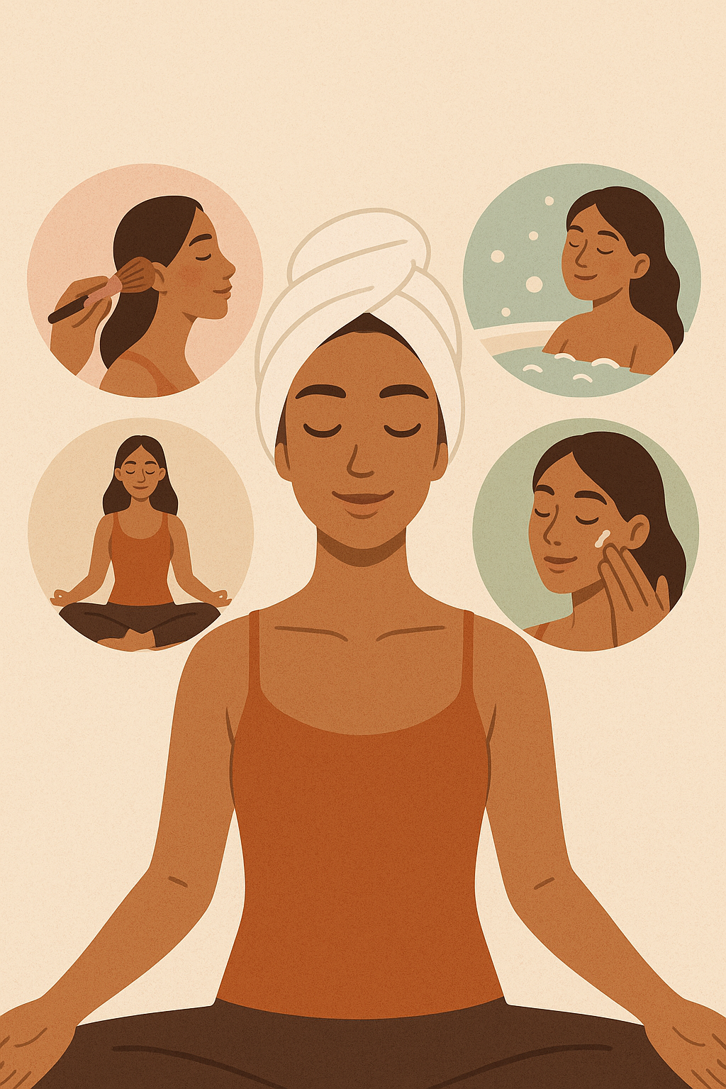 Mulher sorridente relaxando em ambiente aconchegante, representando autocuidado e bem-estar