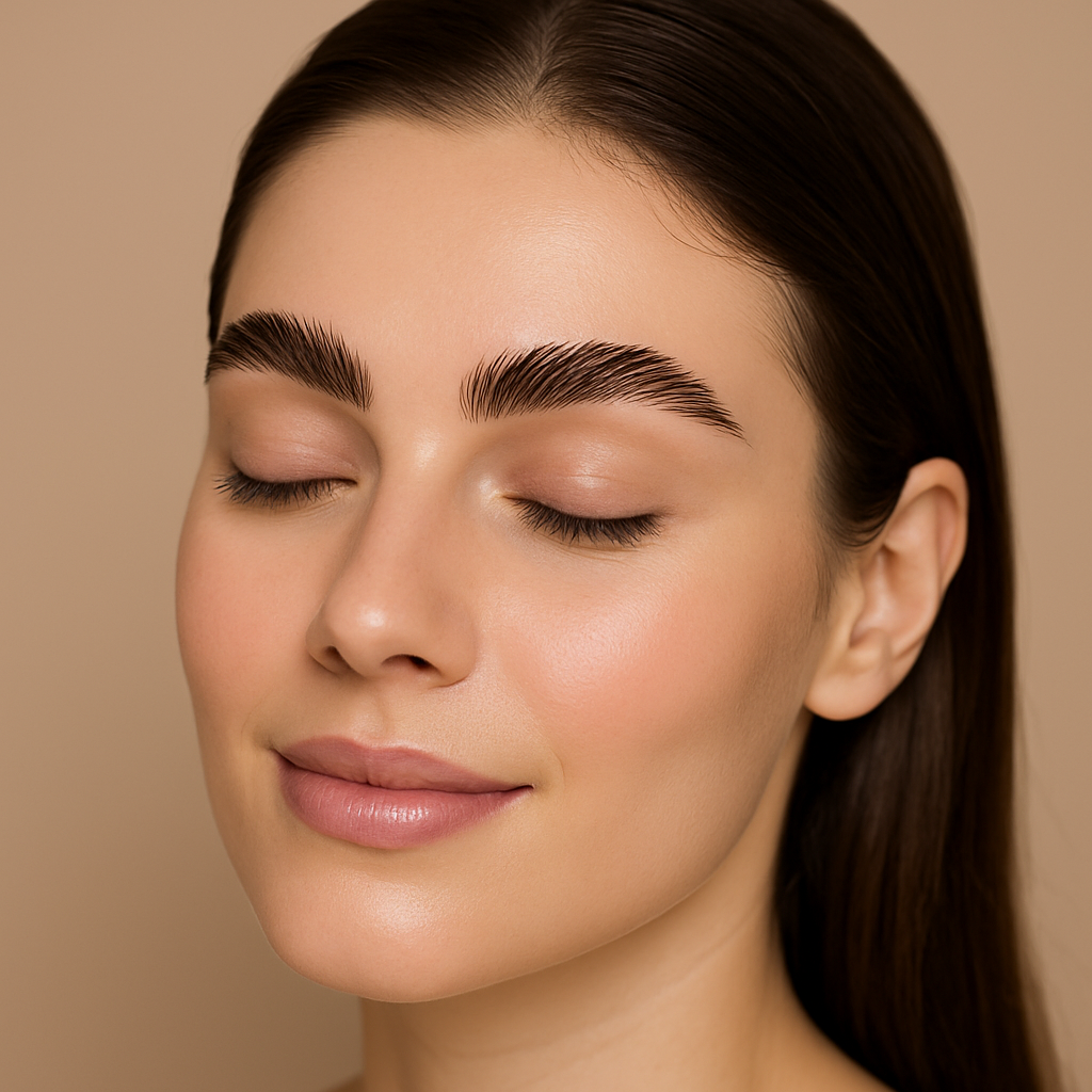 Mulher com sobrancelhas bem definidas e aparência natural, representando o efeito do brow lamination