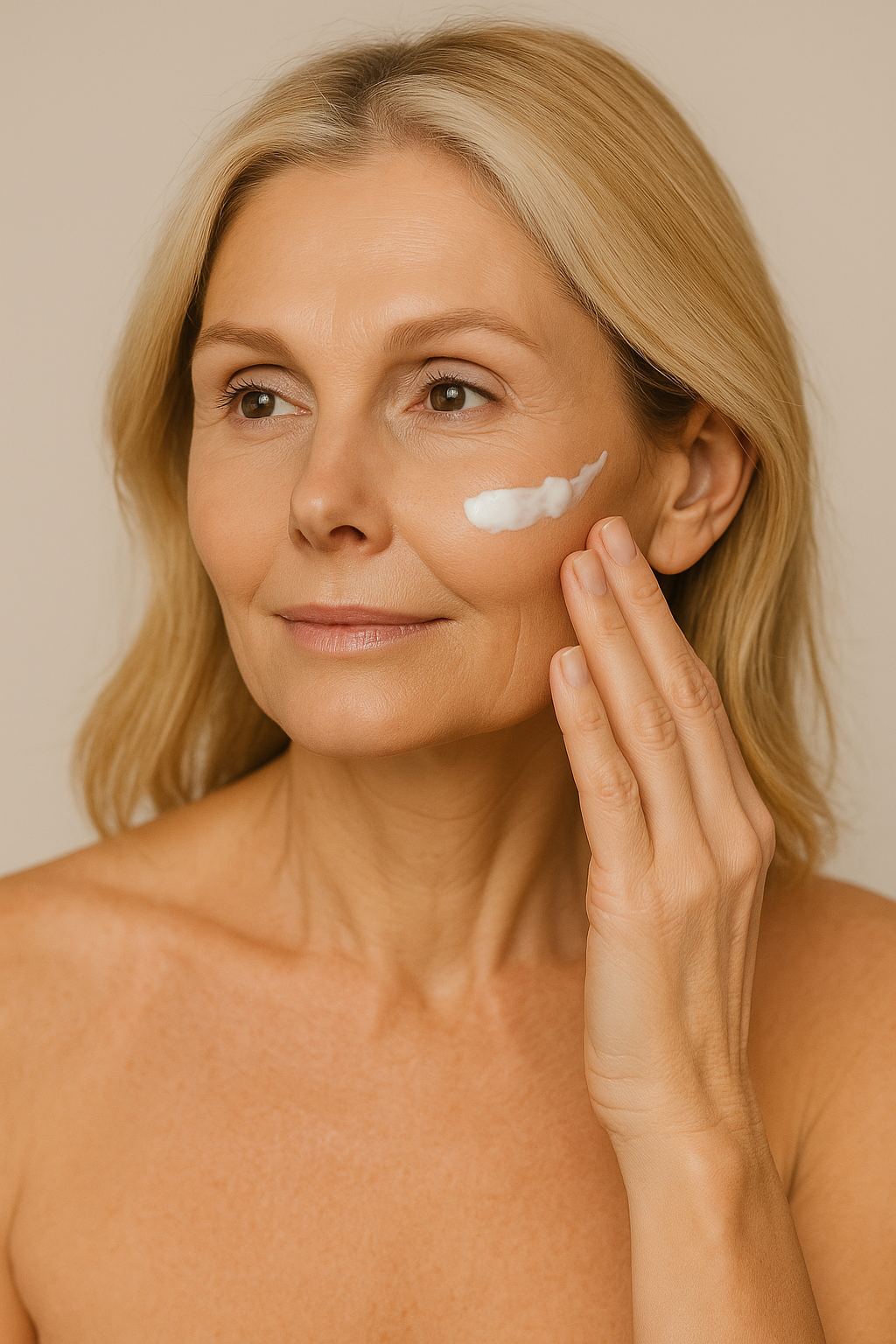 Mulher aplicando creme facial anti-idade com expressão serena
