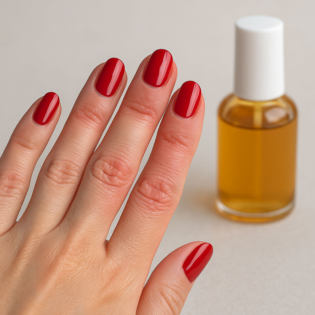 Mão feminina com sinais de irritação cutânea segurando frascos de esmalte em ambiente de salão