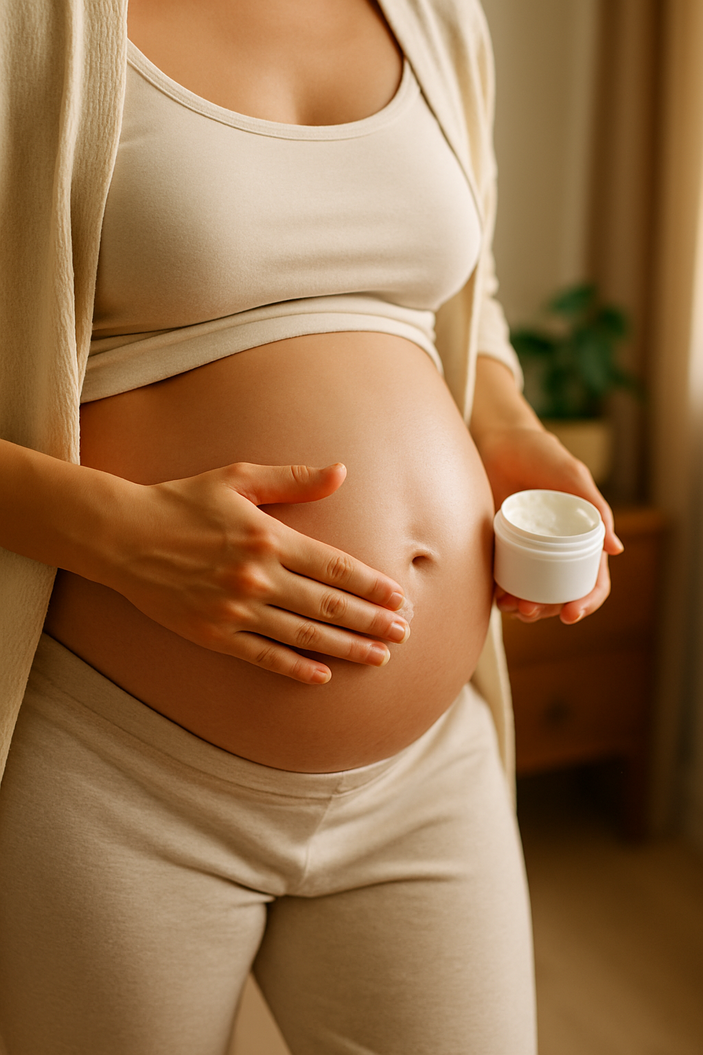 Mulher grávida aplicando creme na barriga em ambiente suave e iluminado