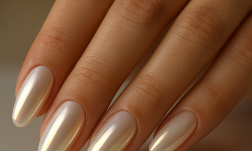 Tendência Glazed & Chrome Nails 2025 destacando unhas modernas com brilho espelhado.