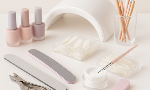 Mesa organizada com os principais itens do kit de uma Nail Designer profissional.