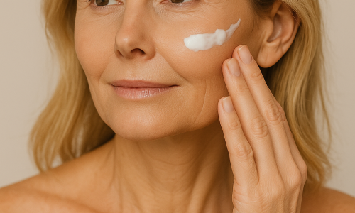 Aplicação de creme anti-idade em pele madura para prevenção de linhas finas