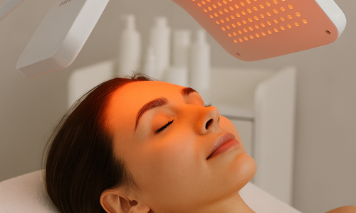 Técnica de fototerapia com luz LED sendo aplicada no rosto de uma cliente em clínica estética