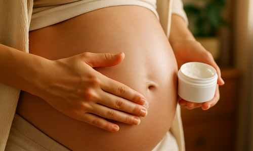 Aplicação de creme na barriga para manter a pele saudável durante a gestação