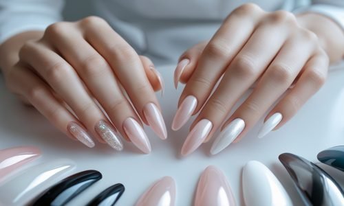 Comparação visual de estilos de alongamento de unhas em mãos femininas.